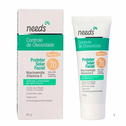 Needs Protetor Solar Facial FPS 70, Controle de Oleosidade, Bege Claro, com Niacinamida e Vitamina E, 40g