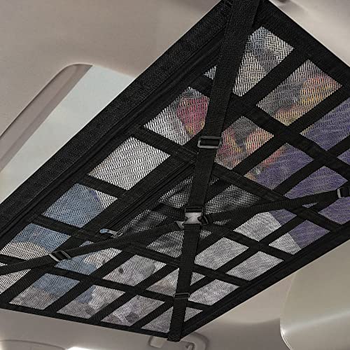 Car Ceiling Cargo Net Pocket, Adjustable Cross Strap Strengthen Load Car Ceiling Storage Net, Double Layer Mesh Car Organizer With Zipper, 31.5*21.6" Car Interior Accessories For Camping Traveling #TOP6