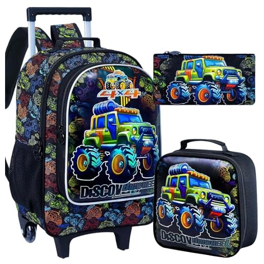 3PCS Kids Rolling Backpack, Boys Roller Wheels Bookbag, Wheeled Elementary School Bag with Lunch Bag - Truck