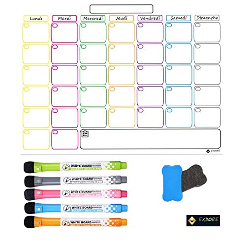 Tableau Blanc Magnétique Organiseur Memo Mensuel Effaçable pour Frigo Cuisine, avec 5 Marqueurs et 1 Effaceur Aimantés, idéal pour Planification des Tâches, des Menus et Liste de Courses, en Français