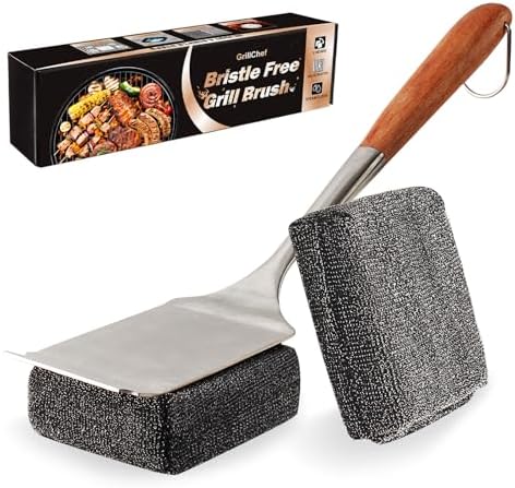 GrillChef Bristle Free Grill Brush, BBQ Cleaner Brush with Thick 1.6 Inch Steel Fiber Replacement Heads, Pearwood Handle, Safe Steam Grill Cleaning, Scraper Tool for Outdoor Grill, Gift Box
