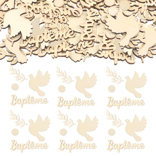 Yuaerbuo 90PCS Confettis en Bois pour Bapteme, Baptême Confettis Communion en Bois Forme Pigeon Sauge Décoration de Table de Baptême pour Confetti DIY...