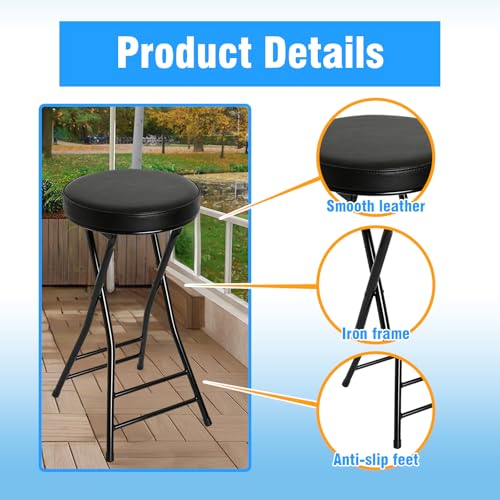 Image of Folding Bar Stool,24 Inch Tall Foldable Stool Chair,4PCS Height Cushioned Leather Padded Bar Chair for Kitchen Fishing Hiking Gardening Travel BBQ