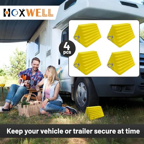 Image of HOXWELL Premium 4 pcs Heavy Duty Wheel Tire Chocks, Vehicle Chocks with Eyebolt for Travel Trailers, Camper, Truck, Car and ATV 4 Pack, Yellow