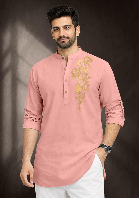 Image of Cotton Blend Self Design Printed Casual Short Kurta for Men Long Sleeve Mandarin Collar Stylish Kurta Shirt for Men