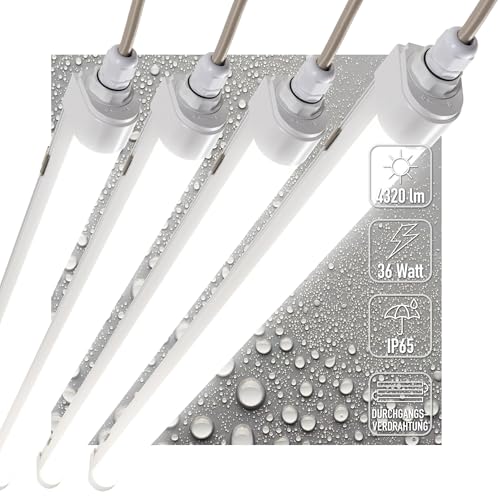Proventa LED Feuchtraumleuchte 120cm 4er Pack IP65 36W 4320lm 4000K neutralweiß – durchverdrahtet, verknüpfbar, Wannenleuchte, Werkstattlampe, Garagenbeleuchtung, Kellerleuchte, Deckenleuchte