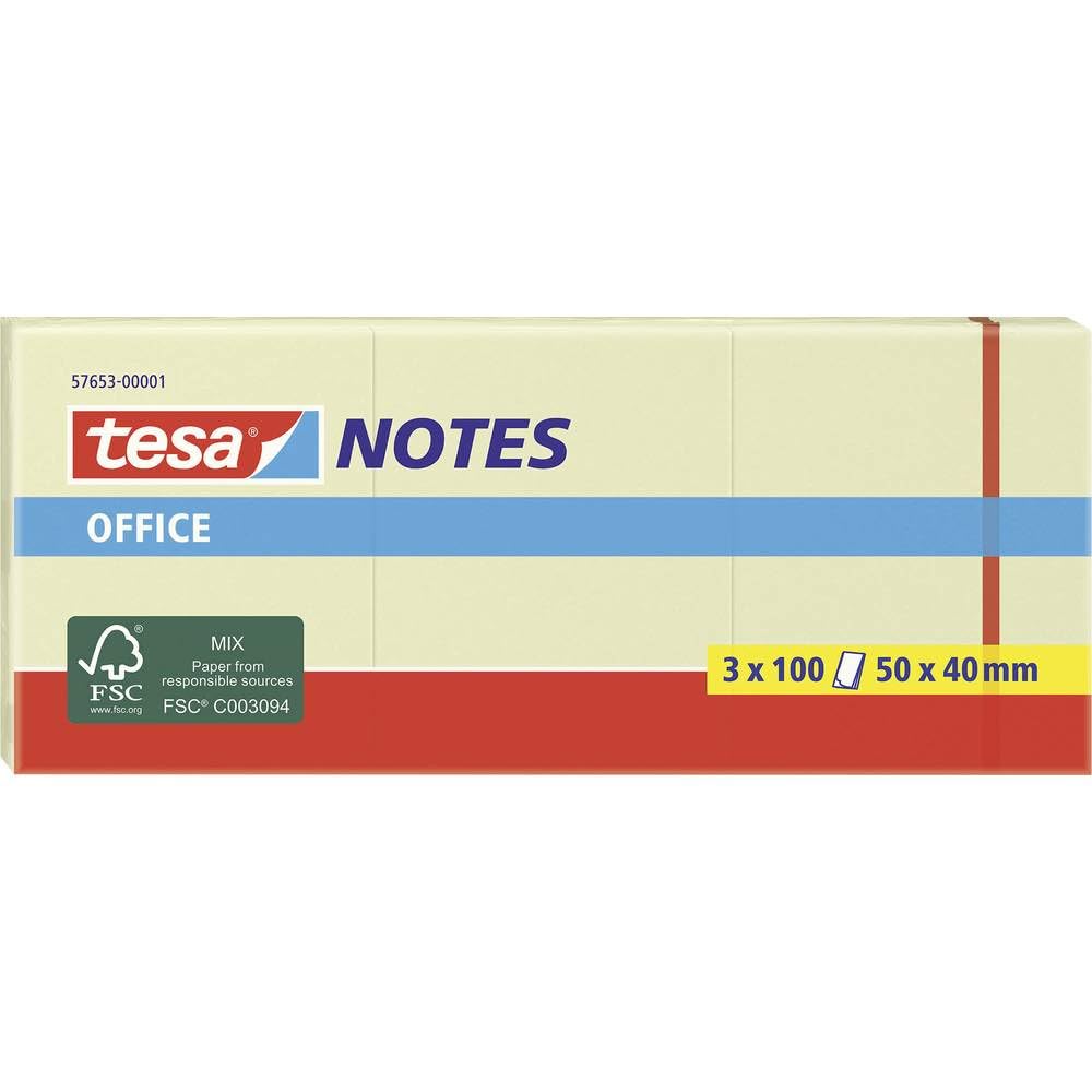 tesa Office Notes Haftnotizen - 3 x 100 Blatt - 5 cm x 4 cm - Gelb