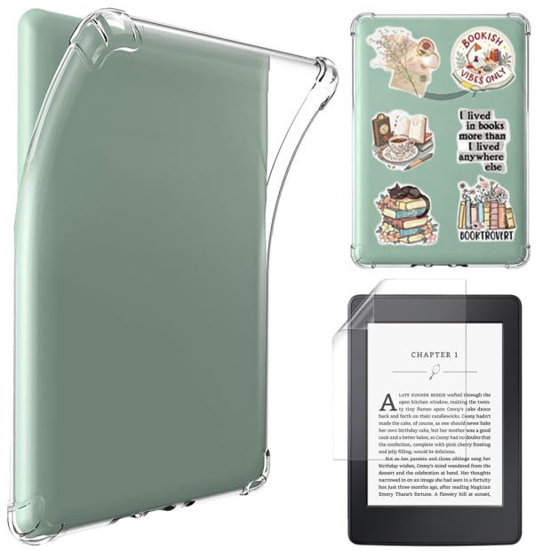 LEPGUYO Funda Transparente Kindle 6 Pulgadas, 50 Pegatinas de Lectura & 2 Películas Protectoras Mate Regalo, Compatible con 11ª Generación 2024/2022 (RS23CV/C2V2L3), Espalda Silicona Anti Rayas