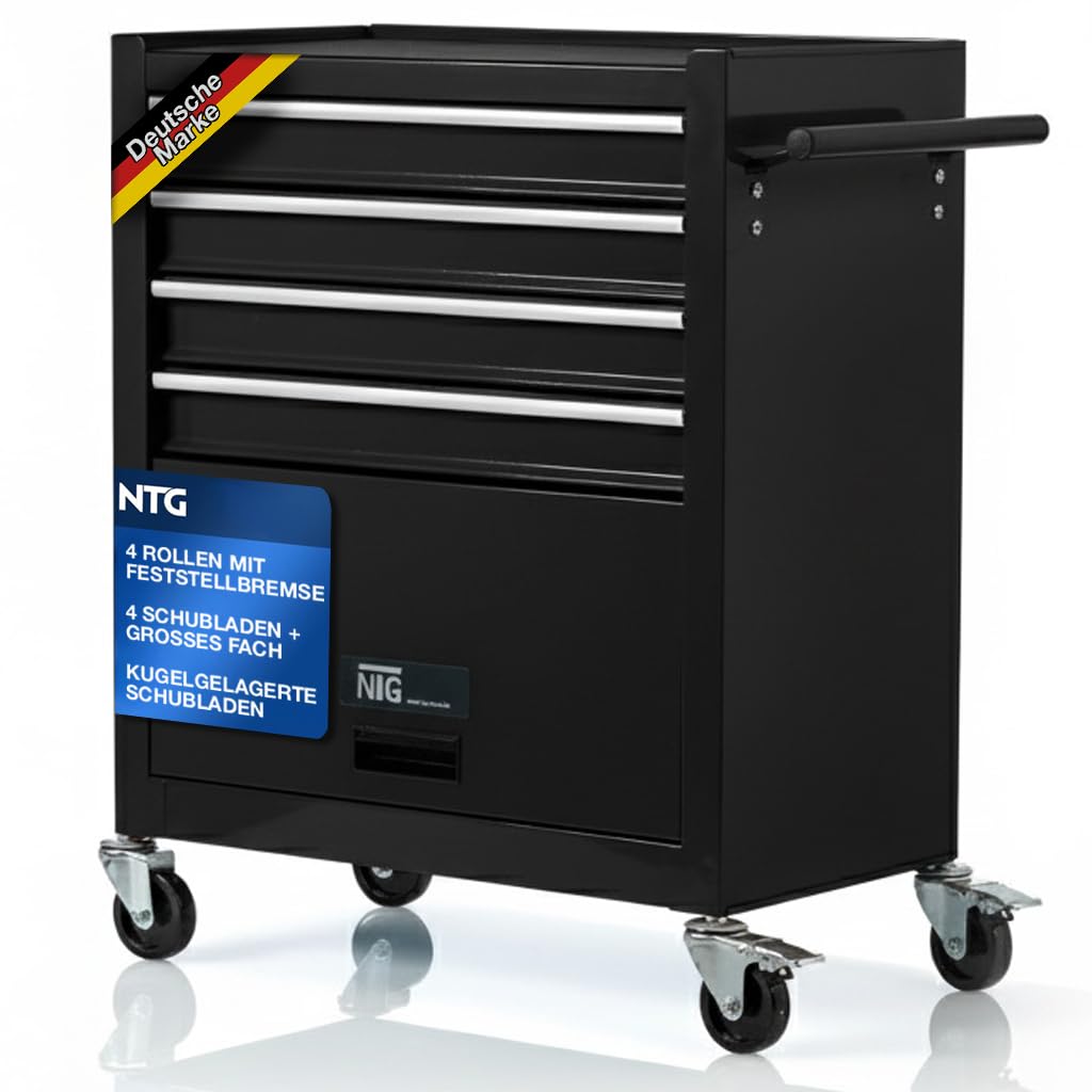 Carrello da officina NTG 4 cassetti + ampio vano - vuoto - Cassetti con cuscinetti a sfera - Dispositivo di sicurezza per il trasporto - 2 ruote con freno di stazionamento - Carrello portautensili