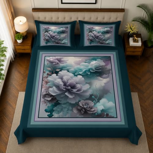 Image of 7D Digital Printed King Size Bedsheet with 2 Pillow Covers | Soft Premium Cotton Feel Microfiber Double Bed Bedsheet |Breathable,Wrinkle Free & Fade Resistant|(BlueFloral, KingSize-225x250CM)