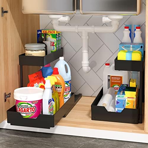 KOSIWU 2 Pack Under Sink Organizers and Storage, 2 Tier Pull Out Cabinet Organizer Sliding Cabinet Basket Organizer Bathroom Kitchen Storage with Siding Drawers