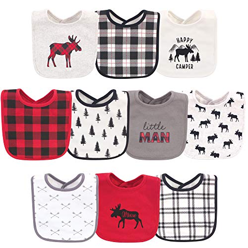 Image of Hudson Baby Unisex Baby Cotton Bibs, Buffalo Plaid Moose, One Size