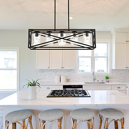 Todoluz Farmhouse Dining Room Linear Chandelier With Textured Seedy Glass, 5-Lights Kitchen Island Lighting Fixtures For Living Room #TOP4