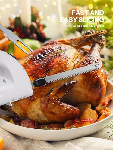 Reemix Coltello Elettrico, 15cm Coppie di lame di coltello in acciaio inossidabile con denti fini e grossolani, Coltello Affetta Carne, Pane e Pesce Congelato, Potenza 100W (Colore Bianco) - immagine 4