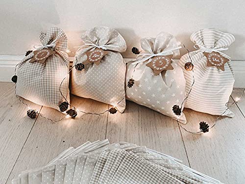 Glückspilz Adventskalender zum selber Befüllen, große Beutel, wiederverwendbarer Weihnachtskalender aus Stoff, XL Beige