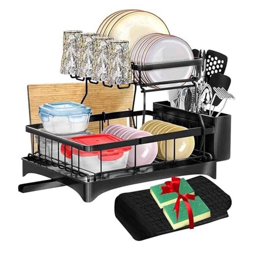 DGDHHSFJDJ Escurreplatos Multifuncional Negro sobre Fregadero, 2 Niveles de Almacenamiento para encimera, escurridor Que Ahorra Espacio para Muebles de Cocina
