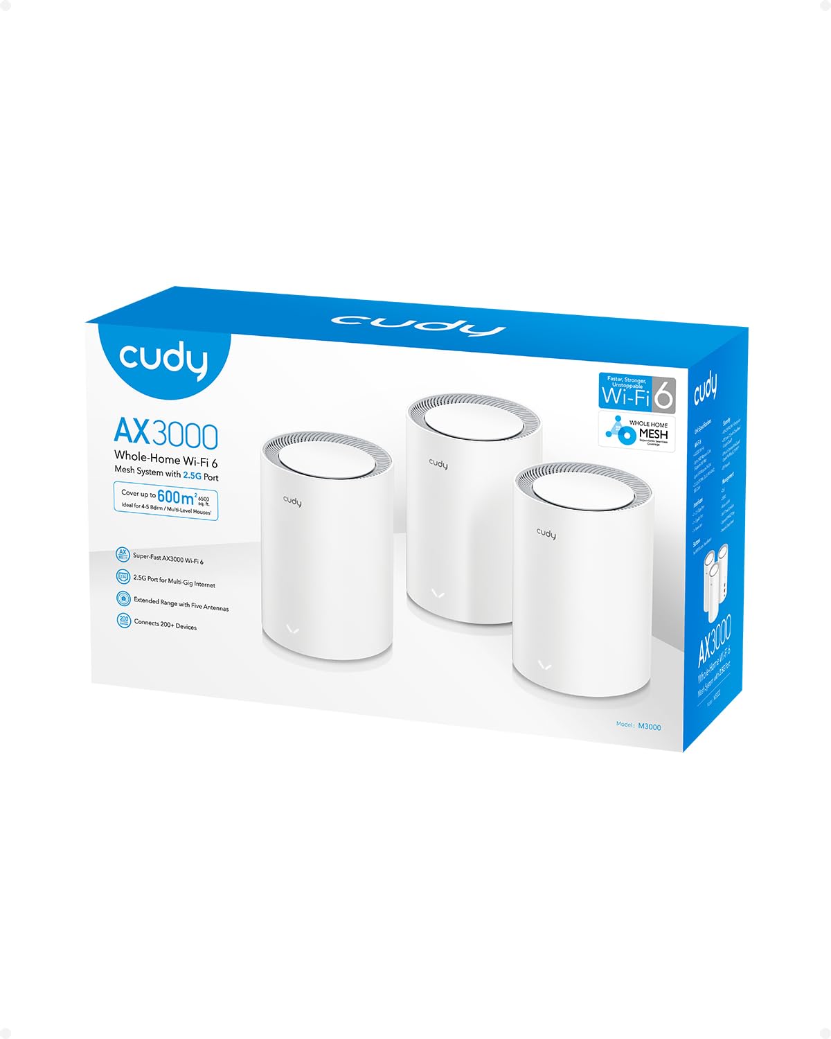 Cudy AX3000 2,5G Système de Maillage Wi-FI 6, 2,5G WAN, Idéal pour 1Gig+ Internet, Wireguard, OpenVPN, Zerotier, CloudFlare, DDNS, M3000 3-Pack
