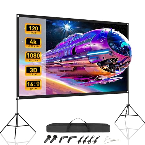 120 Inch Projector Screen with Dual Tripod Stands, 16:9 4K HD Foldable Anti-Crease Portable Outdoor...