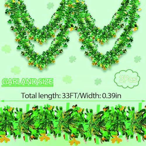 Image of 66 Ft St.Patrick's Day Tinsel Garland 2Pcs Green with Shamrock Saint Patricks Day Decorations for Saint Patrick's Day Party Decor Shiny Hanging Clover Green Tinsel Garland