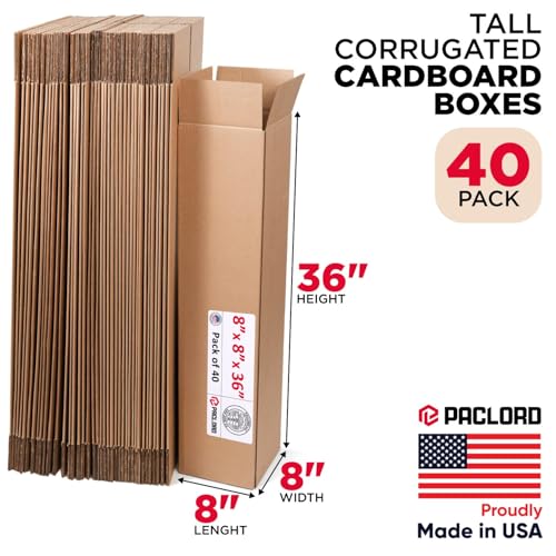 Image of Tall Cardboard Boxes 8 inchL x 8 inchW x 36 inchH (Pack of 40) - USA-Made Packing Boxes for Moving, Shipping, or Storage - USPS, UPS, FedEx Approved - Professional Packing Supplies for Moving | USA-Made Packing Boxes for Moving, Shipping, or Storage - USPS, UPS, FedEx Approved - Professional Packing Supplies
