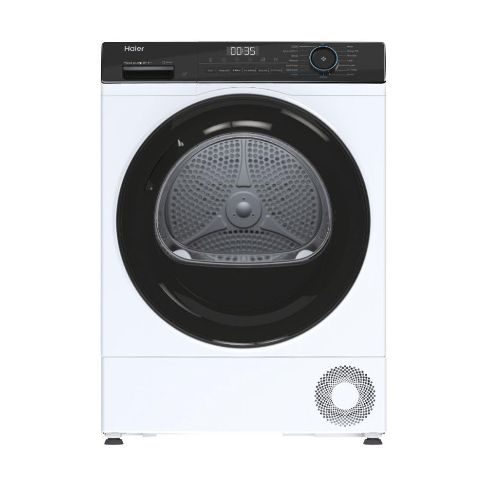 HAIER - Sèche-Linge Pompe à chaleur I-Pro Serie 3 HD80-A2939E-FR - Capacité de 8kg, 15 Programmes, Classe énergétique E, Départ différé 1-24h, Niveau sonore 66 dB(A), Connectivité App hOn