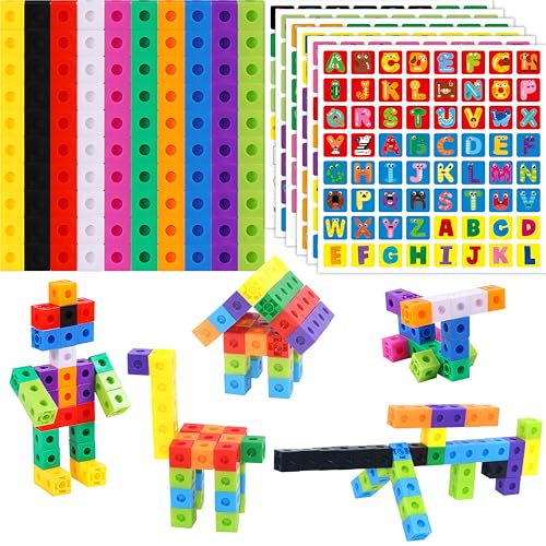 Image of 100 Math Linking Cubes, Math Cubes with 384 Reusable Stickers-Letters, Numbers, Shapes, Manipulative Geometric Connecting and Counting Blocks, Educational Toy for Kids Math Learning and Fun Activities