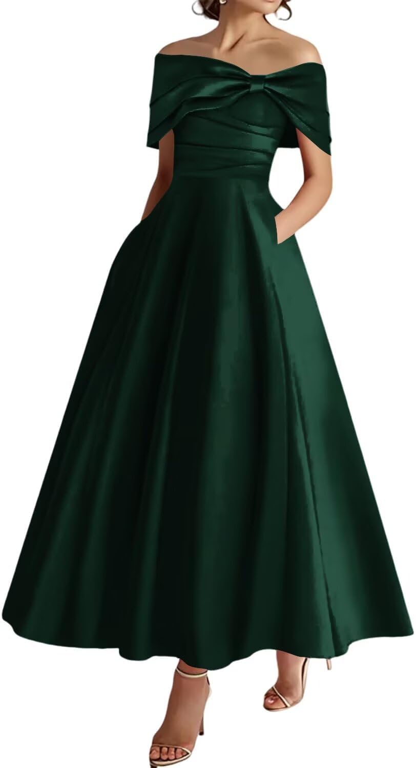 YIANN Emerald Green Mother of The Bride Dresses for Women with Pockets Pleated Off Shoulder Satin Formal Evening Dress UK12