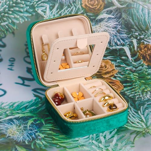 Image of Plush Velvet Travel Jewelry Box,Case,Organizer with Mirror,Green,1 Pcs