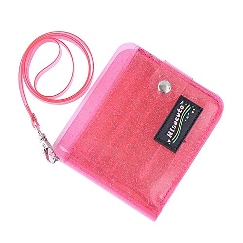 Clear Wallet Glitter Jelly Wallets Transparent Bifold Photocards Holder Lanyard Coin Pouch,Rose