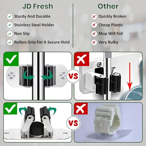 Image of JD FRESH 2 Pcs Stainless Steel Mop and Broom Holder Wall Mount, 1 Slot Anti Slip Heavy Duty Waterproof Broom Hanger Stand Organizer Tool Storage for Kitchen Home Garden Bathroom Garage (Silver)
