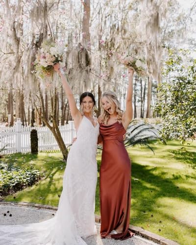 Image of Bridesmaid Dresses Satin Formal Dusty Rose Slit Open Back Silk Dress for Women Wedding Guest Size10