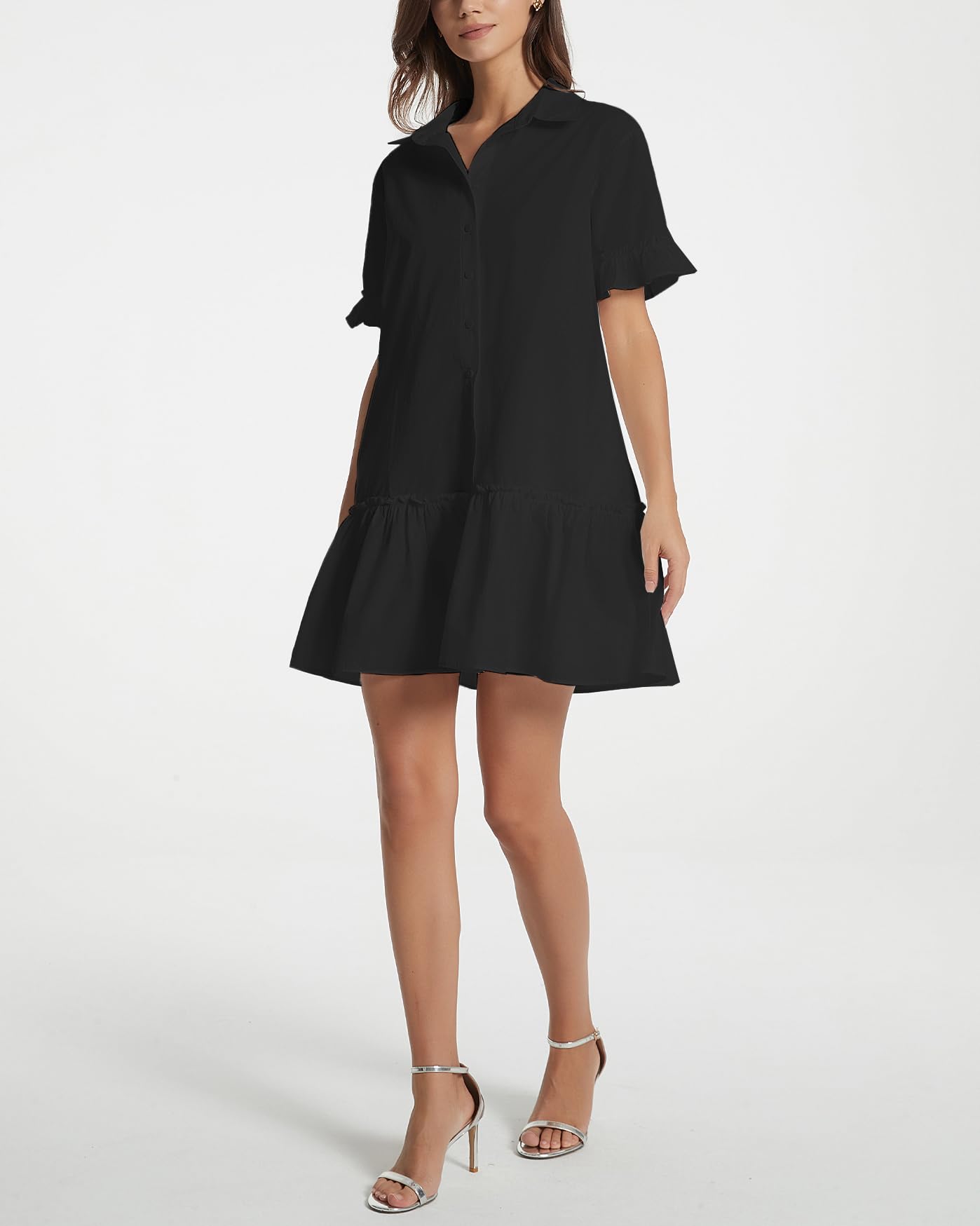 YEXPINE Vestido Camisero Corto con Volantes para Mujer, Vestido de Manga Corta con Botones, Vestido de algodón con Cintura caída, Negro -, Large