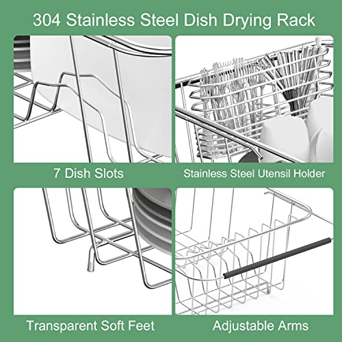 Jaq Small Dish Drying Rack In Sink Adjustable 14.96 To 20.59'', Expandable 304 Stainless Steel Metal Dish Drainer Rack Organizer With Stainless Steel Utensil Holder Over Sink Counter (For 1-2 People) #TOP2