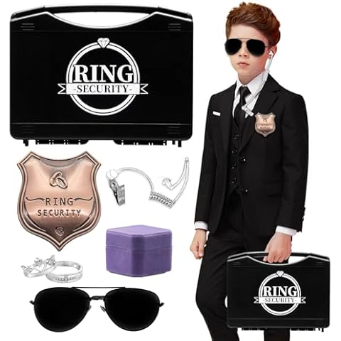 Yuchew Ring Bearer Security Box Gifts Ring Security Wedding Set Accessory, Include 1PCS Acoustic Earpiece Tube, 1PCS Ring Bearer Sunglass, 1PCS Ring Security Badge, 1PCS Wedding Ring Box with 2 Ring Cover