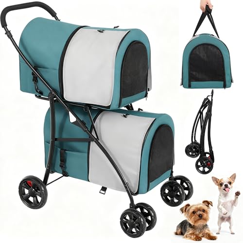 YITAHOME Passeggino per cani a doppio piano per animali domestici, portata fino a 30 kg, pieghevole, con finestra a rete, per due cani e gatti, verde scuro e grigio