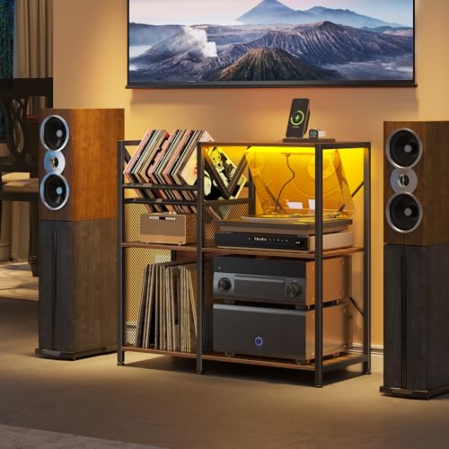 DWVO 3-Tier Vinyl Record Stand with Power Outlets & RGB LED Lights – Holds 300+ Albums, Sturdy Metal Frame Turntable Table for Living Room, Walnut Finish Media Storage Cabinet