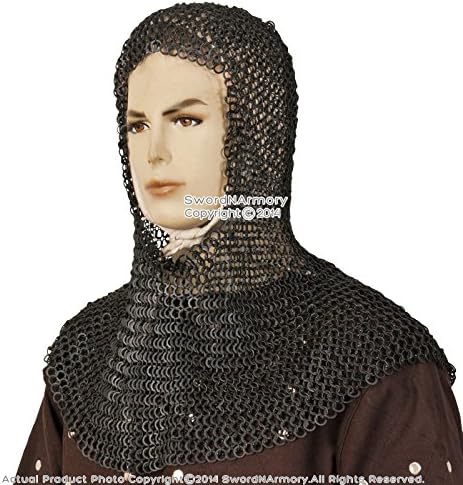 Medieval Gear Brand Black Medieval Chainmail Coif Head Neck Protector Round Ring Round Riveted SCA