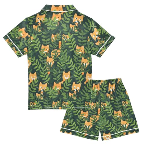 ALAZA Green Leaf Animal Cat Kitten Satin Pajamas Set Short Sleeve Button Down Sleepwear Summer Pjs 2 Piece2