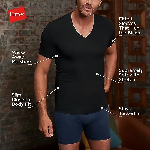 Hanes Men's Perfect Flex V-Neck Tee, 1-Pack, Stay Tucked Fitted Undershirt, Slim Fit Tight on Arms, White & Black2