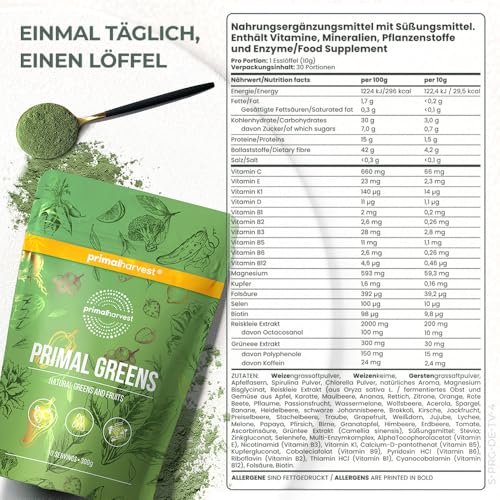 Primal Harvest Super Greens Pulver mit 27 Pflanzenstoffen, inkl. Spirulina & Weizengras, 30 Portionen (1 Bag, ursprünglicher Geschmack)