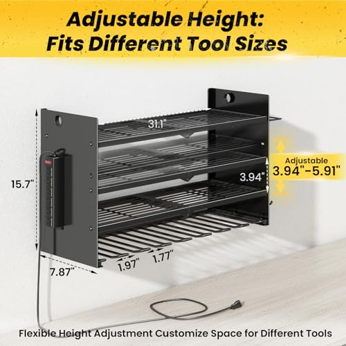 Image of Hipidian Adjustable Power Tool Organizer Wall Mount with Charging Station - 650lb Capacity 4 Layer Heavy Duty Storage Rack with 8 Drill Holders for Garage Workshop Tools, Gifts for Men