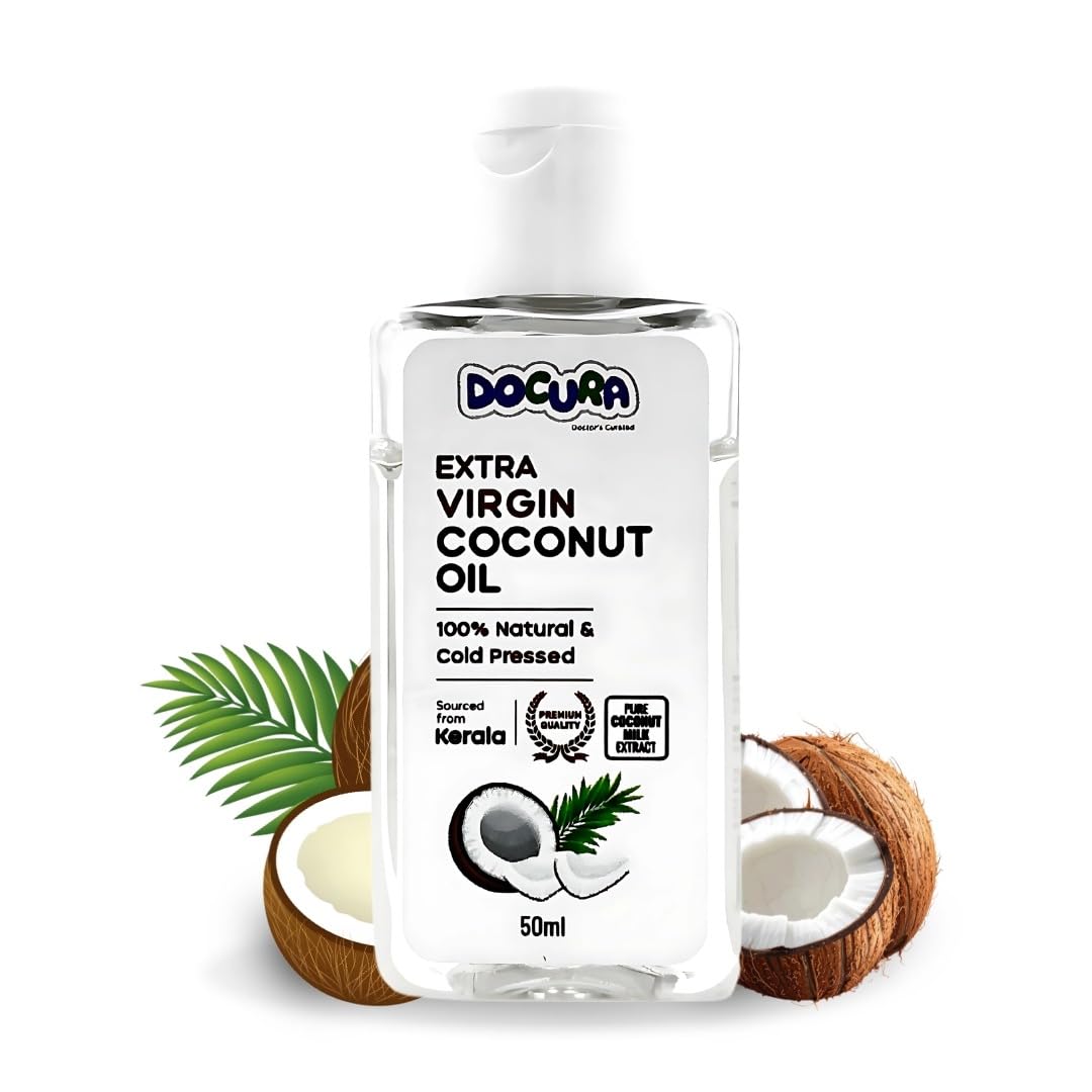 Docura Extra Virgin Coconut Oil | 100% Pure Cold Pressed from Fresh Coconut Milk | Baby Massage Hair Skin Oil Pulling & Cooking | No Chemicals or Preservatives | Multipurpose Use (50 ml)