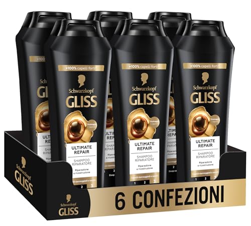 Schwarzkopf Gliss Ultimate Repair Shampoo Riparatore, 6 confezioni da 250ml, Shampoo con Keratina Liquida ed Estratto di Perla Nera, Trattamento alla Cheratina per capelli danneggiati e secchi
