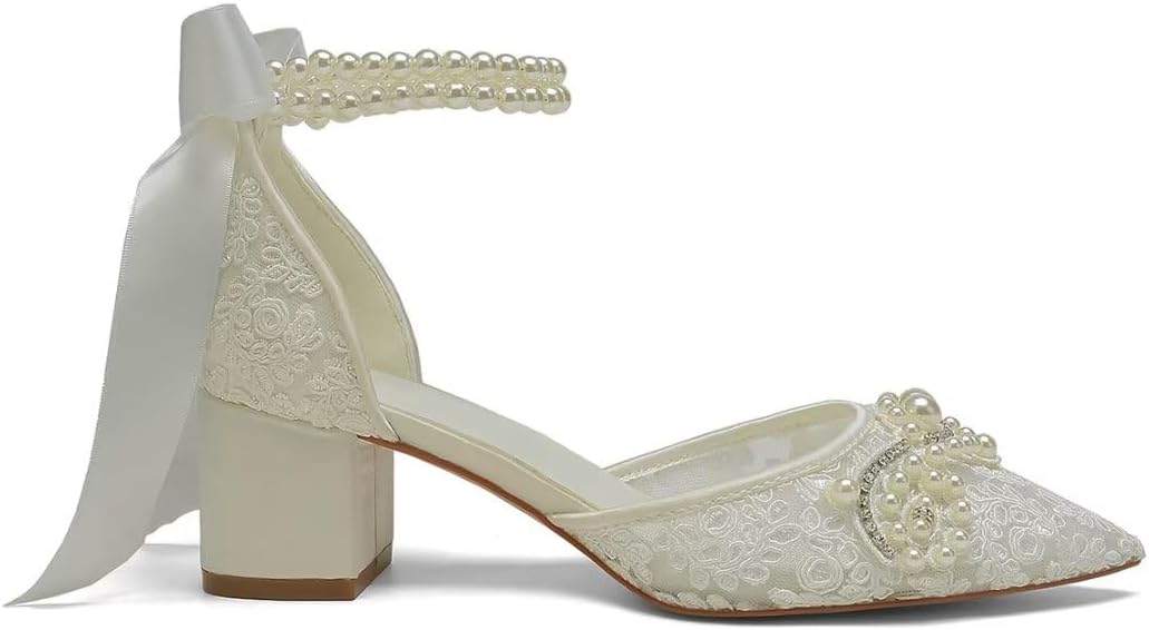 Jotwry Block Heel Wedding Shoes for Bride Pointed Toe Lace Pearl Bridal Heels - Image 3