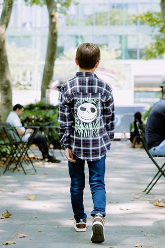 Disney Nightmare Before Christmas Jack Skellington Little Boys Flannel Button Down Shirt Plaid Black/Green 7-8 - image 4