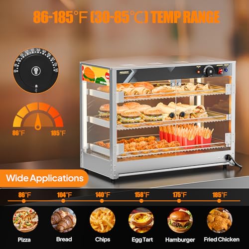 Image of ROVSUN Food Warmer Pizza Warmer Countertop, 3-Tier Commerical Food Warmer Display with LED Lighting Removable Shelves Glass Door, Pretzel Warmer for Buffet Restaurant Cafe, 110V 800W