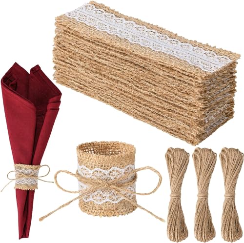 Anneaux en Toile de Jute en Dentelle, 100 pièces, Anneaux de Serviette en Toile de Jute, décor de Table de Mariage DIY for noël, Thanksgiving, Fournitures...