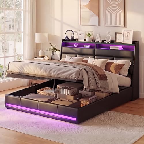 Lit Coffre 160x200 avec Éclairage LED, Lit Double Rembourré en Similicuir PU avec Rangement...