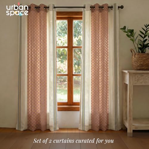 Image of Urban Space 100% Cotton Curtains with Gold Foil Print | Upto 60% Light Blocking Window Curtain 5 feet I Set of 2 Decorative Curtains with Eyelets and Tieback (Zari Jaal Dusty Pink Gold - 5 feet)