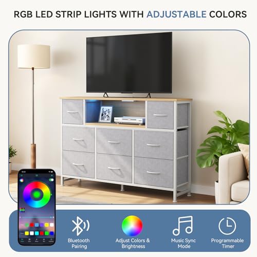 Image of DUMOS TV Stand Dresser with 8 Fabric Drawers and Open Shelves, LED Entertainment Center with Charging Station, Wood Top Media Console for 45-55 inch, Bedroom, Light Grey